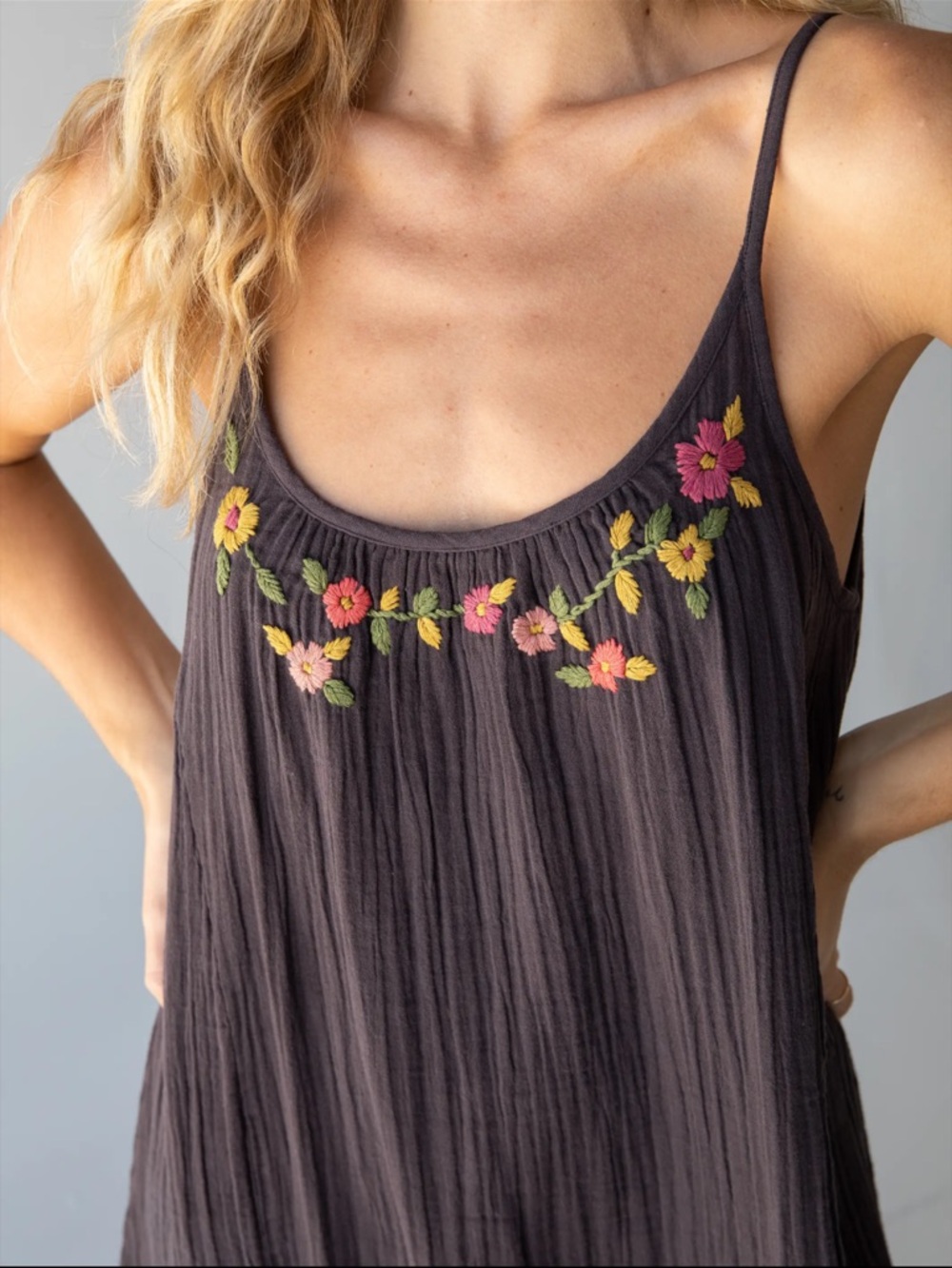 NATURAL LIFE Charcoal Maxi Slip Dress with Floral Embroidery - Picture 3 of 3